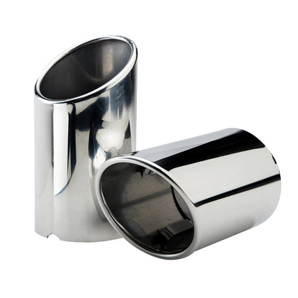 Horizontal view of Exhaust Tip 70mm Stainless Steel silver Angle-cut Rolled Tip A008