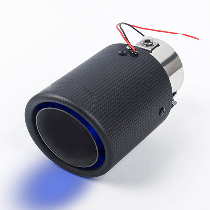 Horizontal view of Exhaust Tip 60mm Carbon Fiber Blue LED light Rolled Tip LED-089B with light